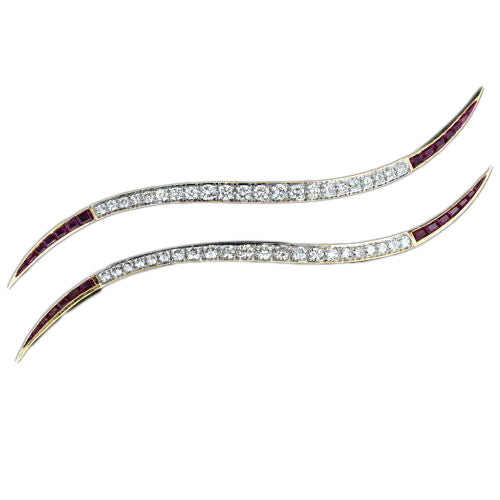 Pair of Mid-Century Diamond and Ruby Wave Brooches - 5