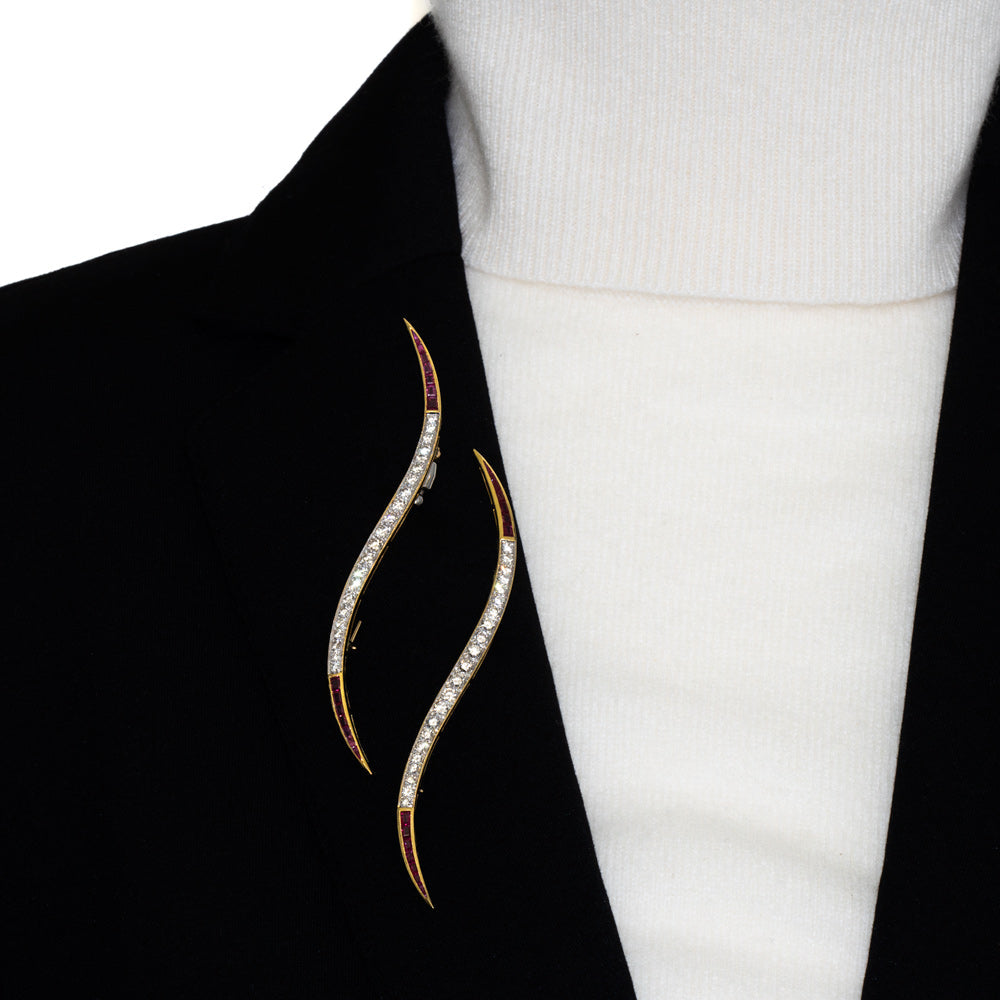 Pair of Mid-Century Diamond and Ruby Wave Brooches - 6