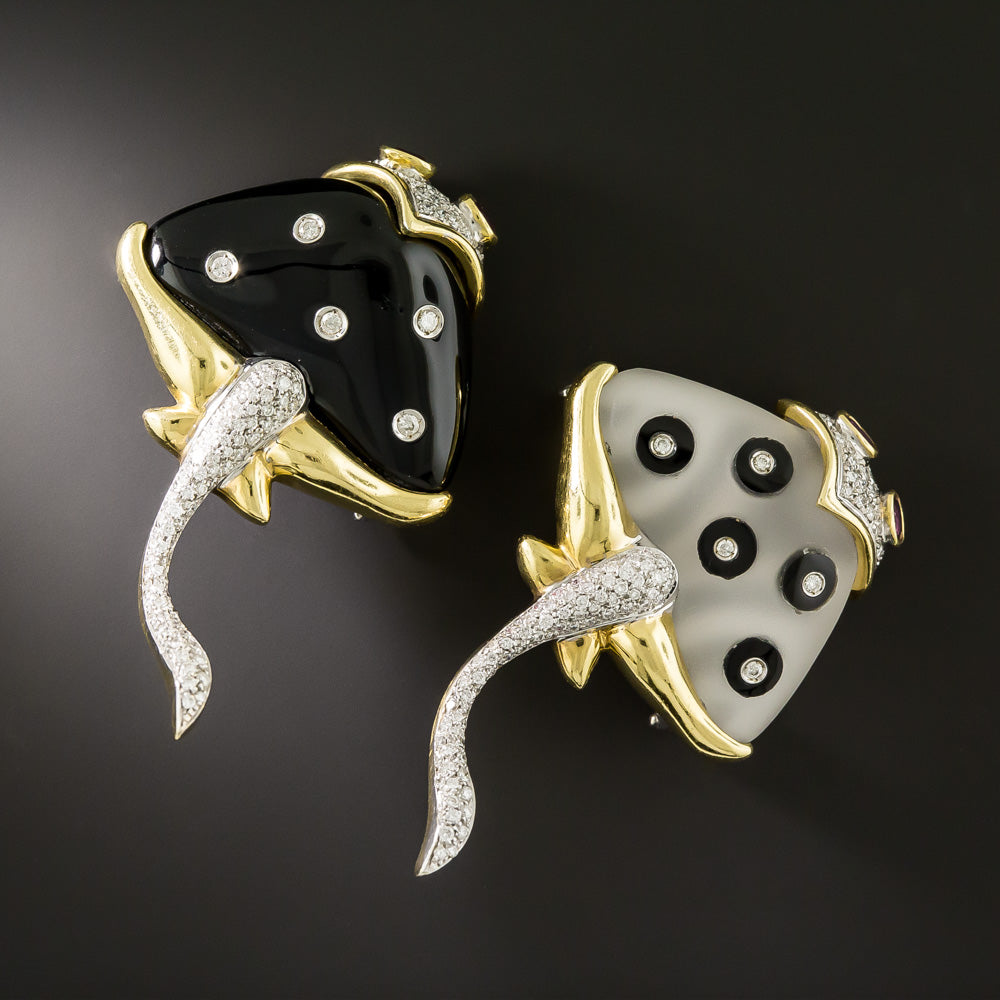 Pair of Rock Crystal and Black Enamel Stingray Brooches, Italian - 4