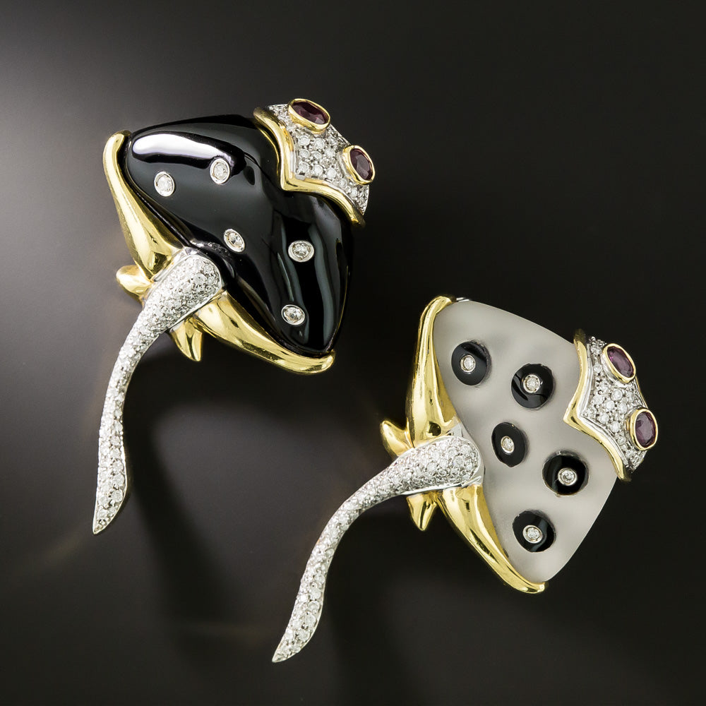 Pair of Rock Crystal and Black Enamel Stingray Brooches, Italian - 5