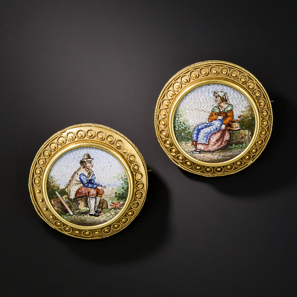 Pair of Victorian Etruscan Revival Micromosaic Pins - 5