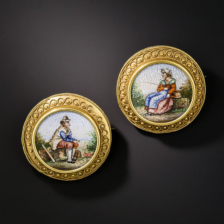 Pair of Victorian Etruscan Revival Micromosaic Pins