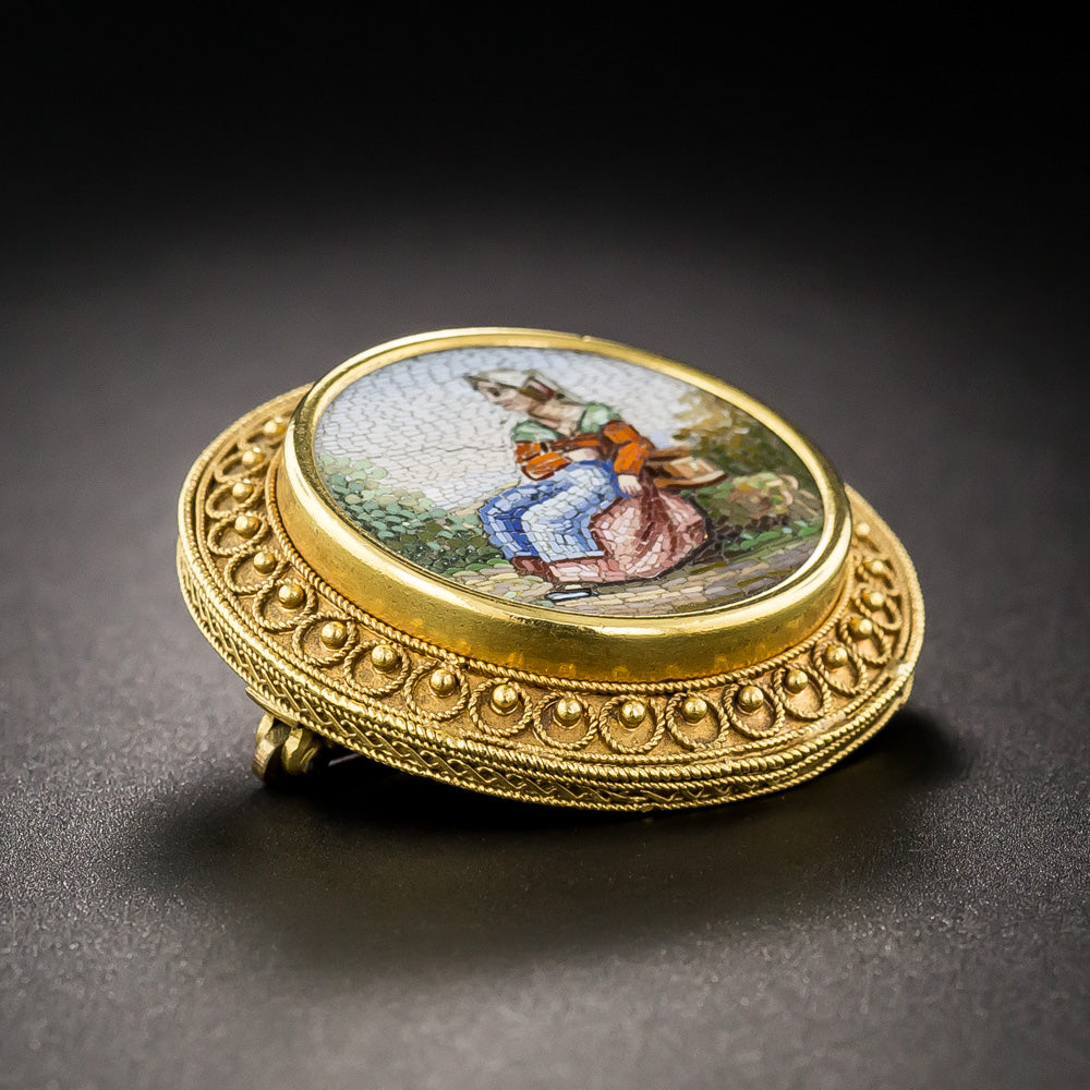 Pair of Victorian Etruscan Revival Micromosaic Pins - 7
