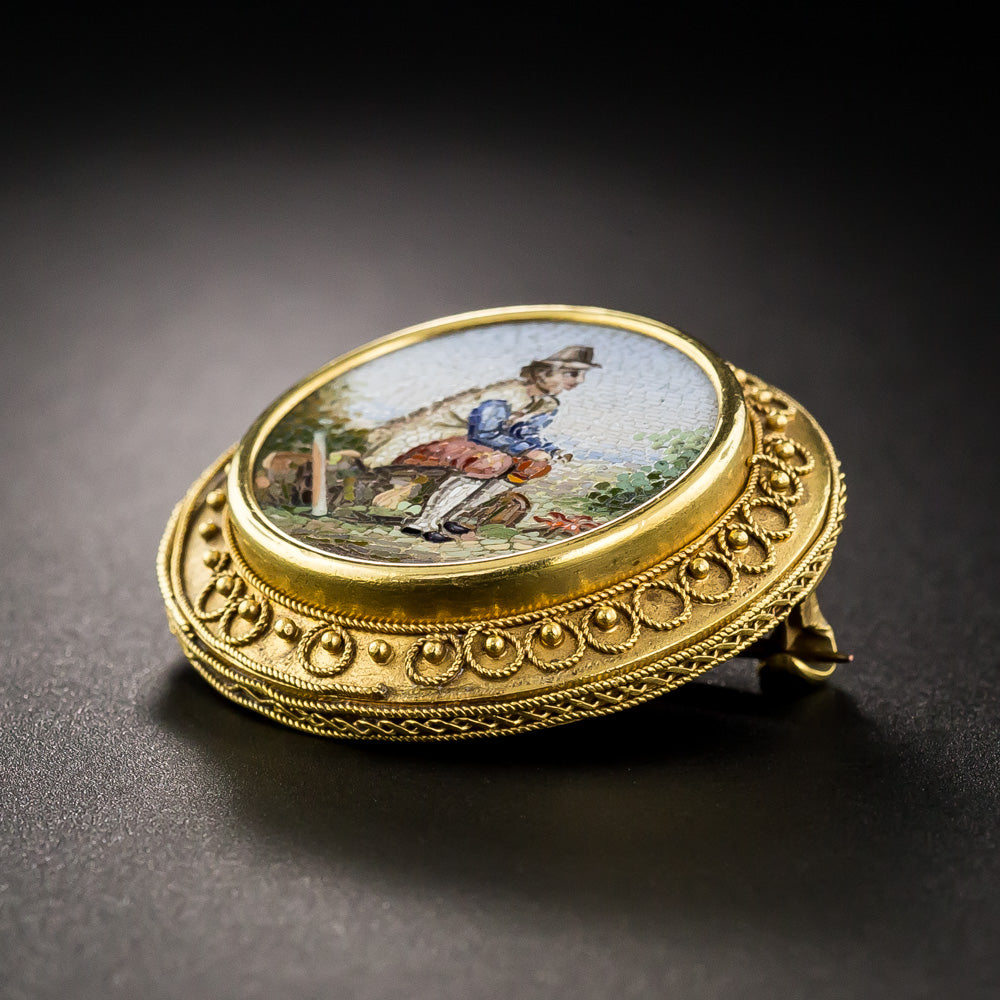 Pair of Victorian Etruscan Revival Micromosaic Pins - 8