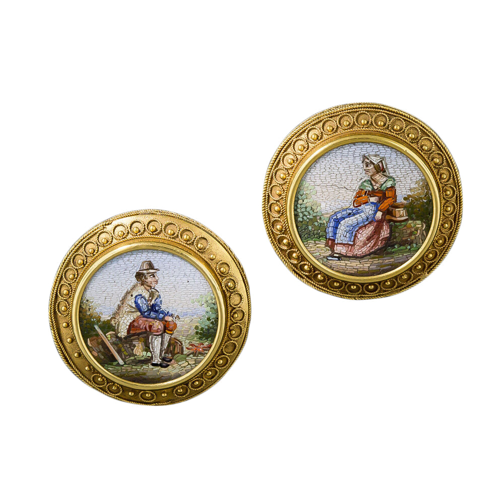 Pair of Victorian Etruscan Revival Micromosaic Pins - 9