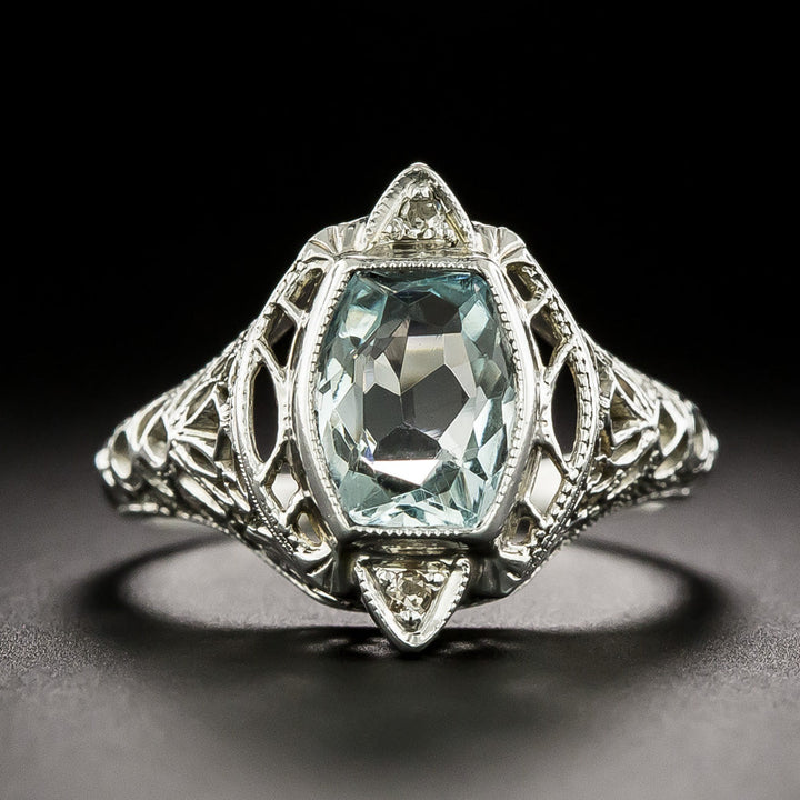 Petite Art Deco Aquamarine Filigree Ring