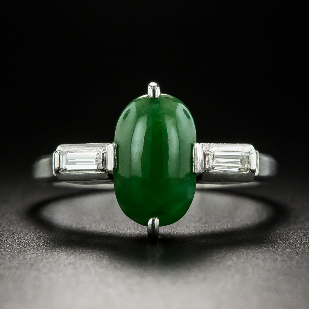 Petite Natural Burmese Jade and Baguette Diamond Ring - 1