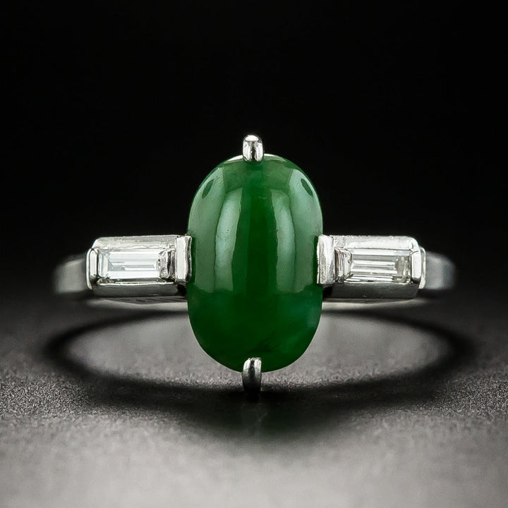 Petite Natural Burmese Jade and Baguette Diamond Ring