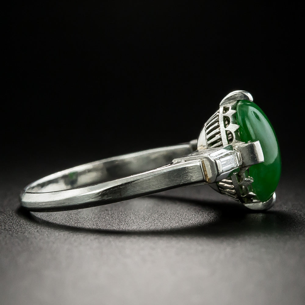 Petite Natural Burmese Jade and Baguette Diamond Ring - 2