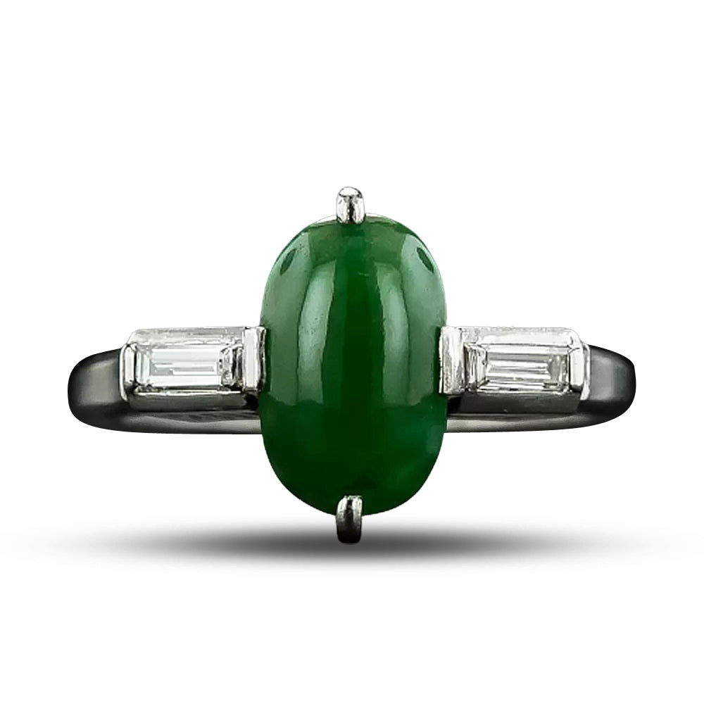 Petite Natural Burmese Jade and Baguette Diamond Ring - 4