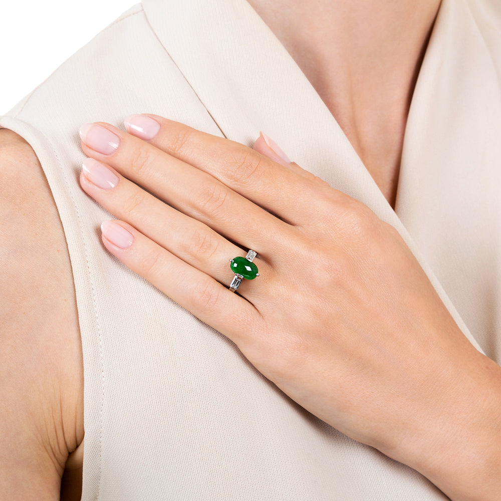 Petite Natural Burmese Jade and Baguette Diamond Ring - 5