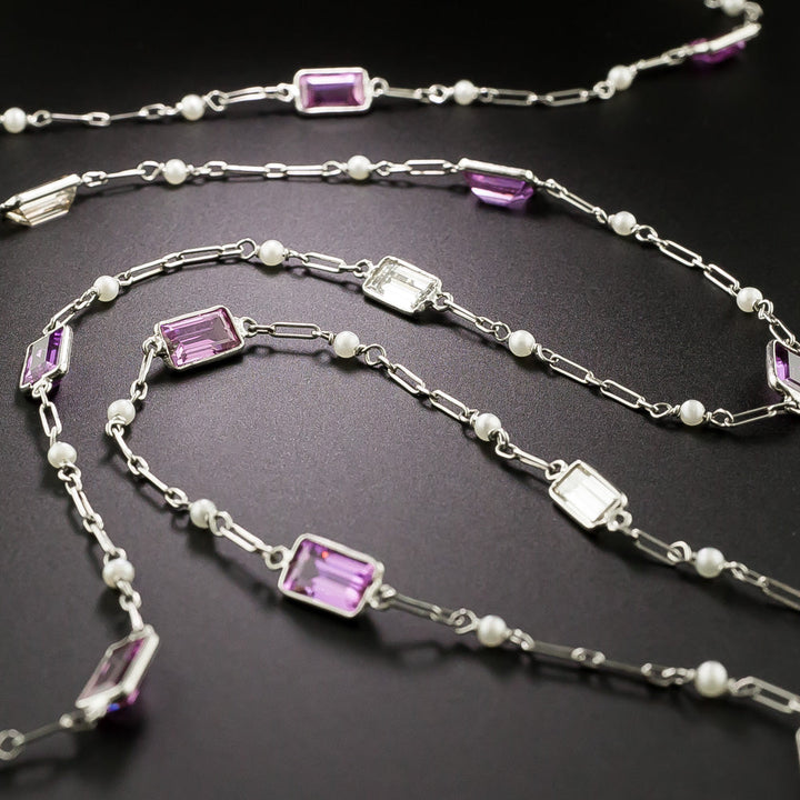 Pink Sapphire, Diamond and Pearl Long Chain Necklace