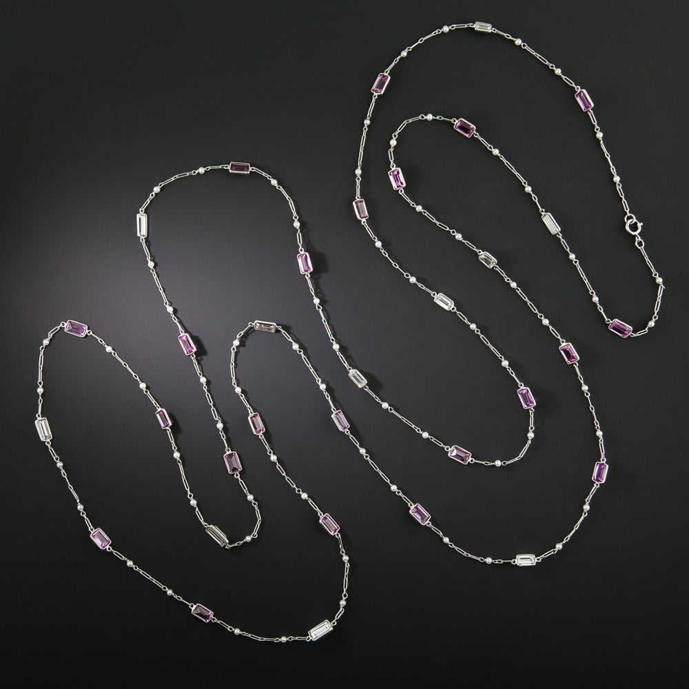 Pink Sapphire, Diamond and Pearl Long Chain Necklace - 4