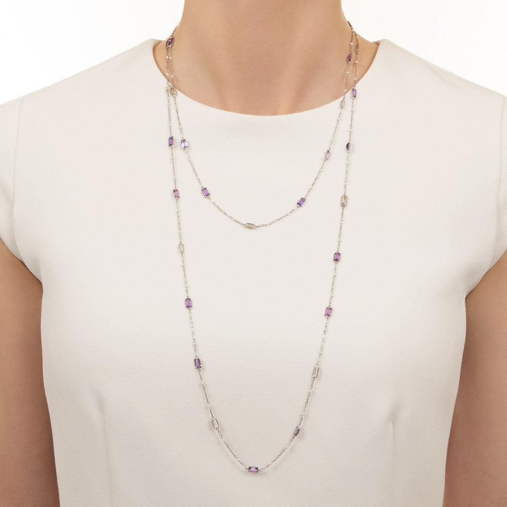 Pink Sapphire, Diamond and Pearl Long Chain Necklace - 4