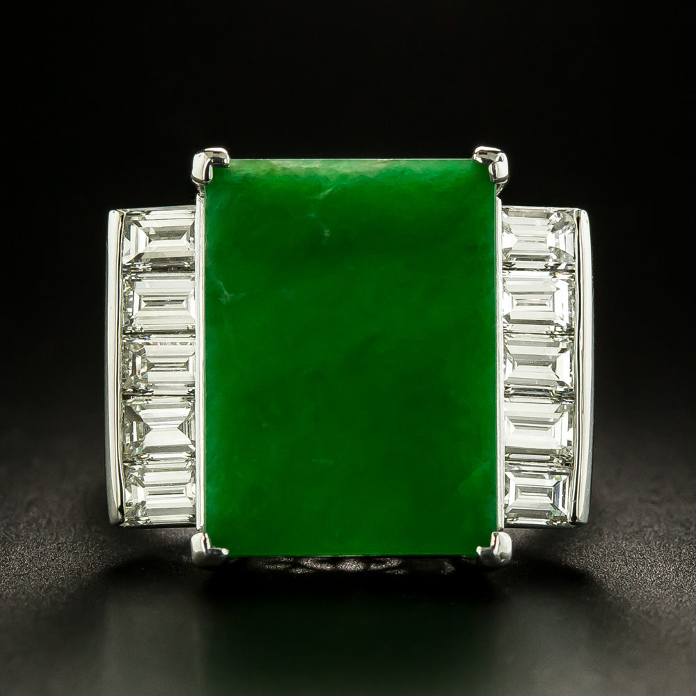 Rectangular Natural Burmese Jade and Diamond Ring - 2
