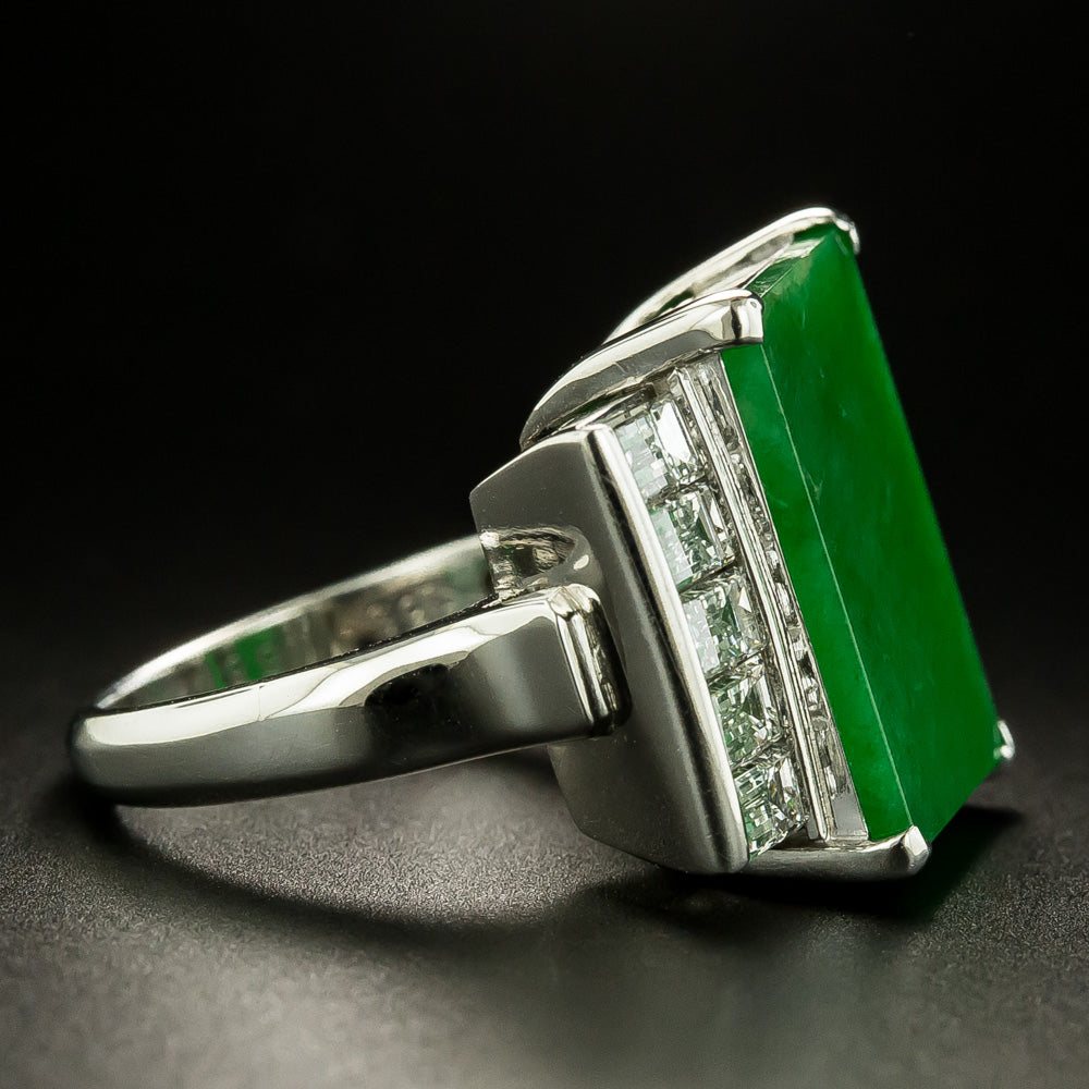 Rectangular Natural Burmese Jade and Diamond Ring - 3