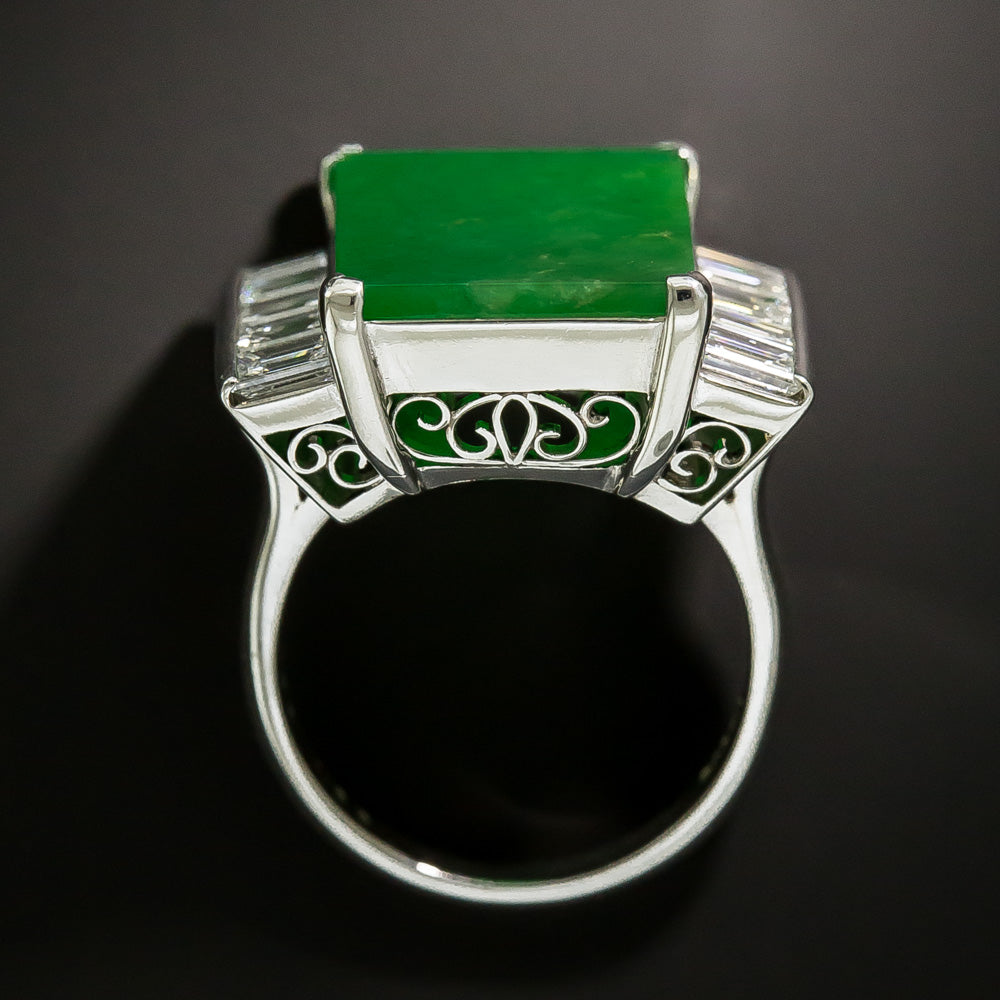 Rectangular Natural Burmese Jade and Diamond Ring - 4