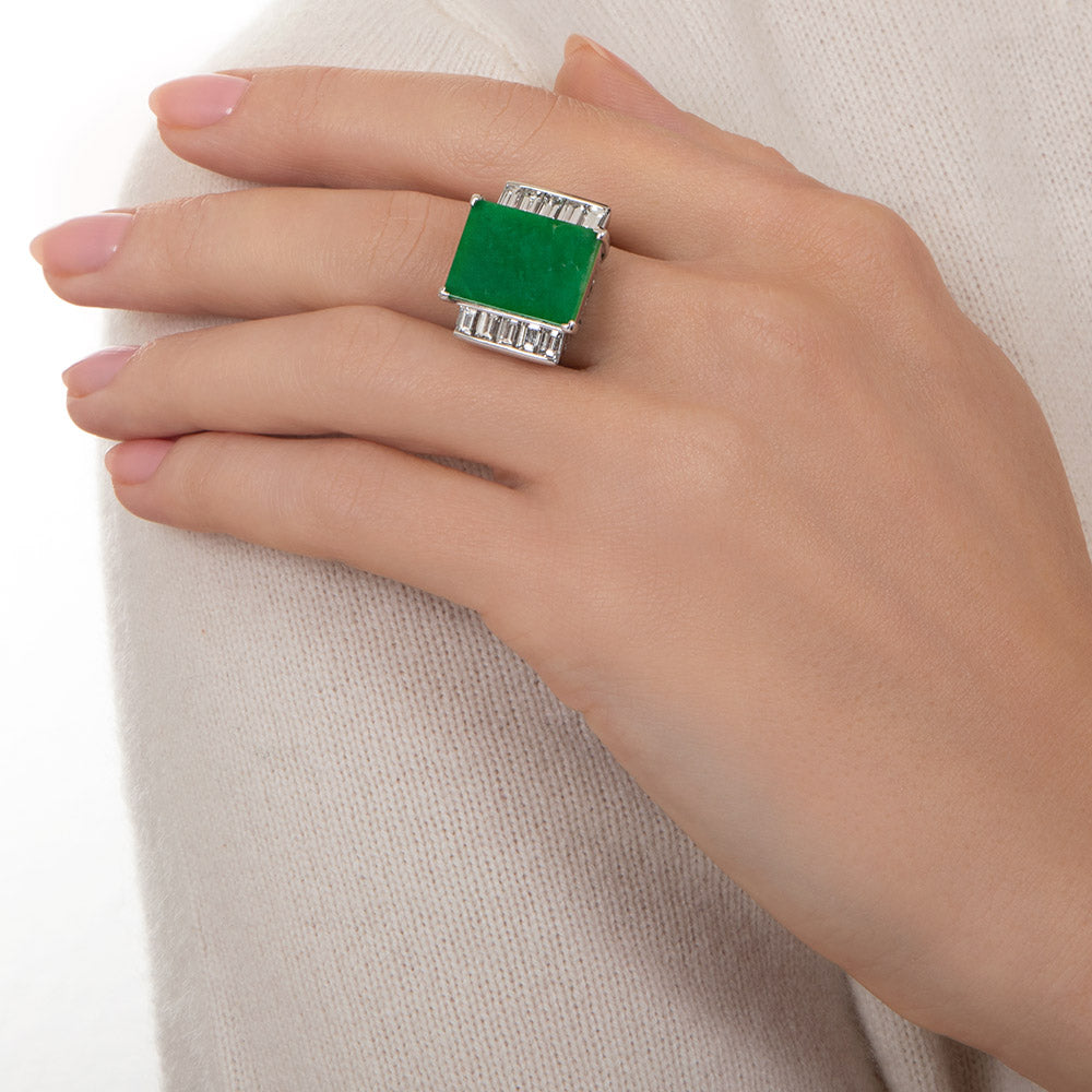 Rectangular Natural Burmese Jade and Diamond Ring - 5