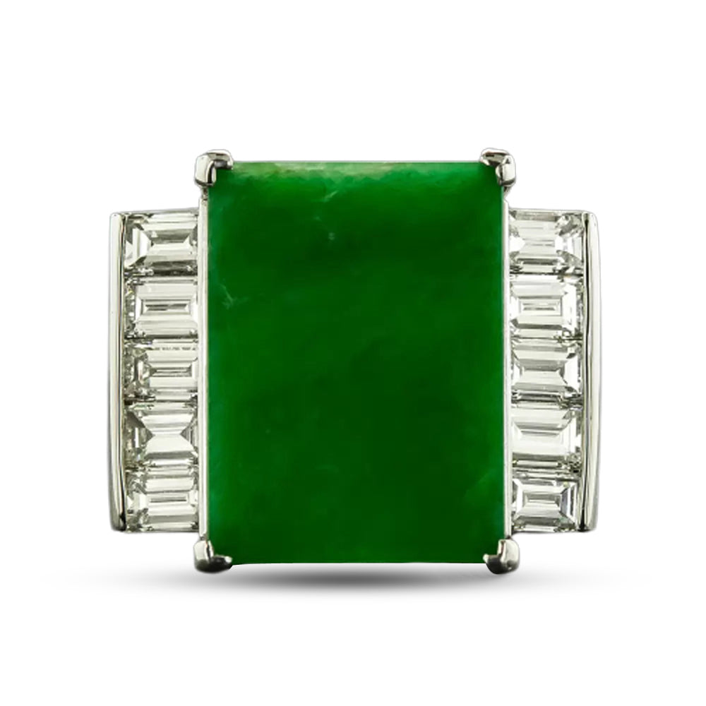 Rectangular Natural Burmese Jade and Diamond Ring - 4