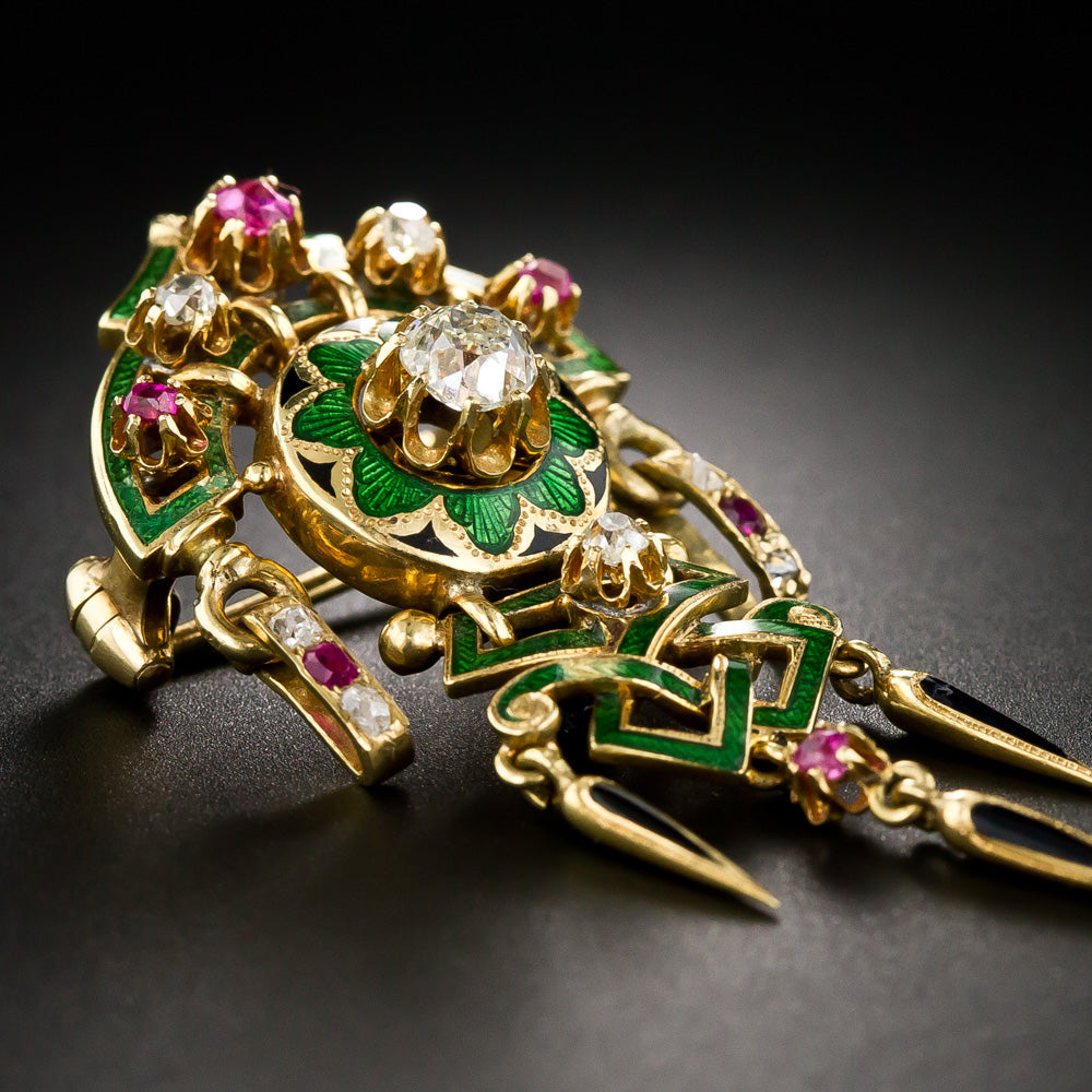 Renaissance Revival Antique French Diamond, Ruby and Enamel Dangle Earrings and Brooch Set  Circa 1880's - 16