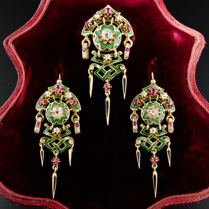 Renaissance Revival Antique French Diamond, Ruby and Enamel Dangle Earrings and Brooch Set  Circa 1880's