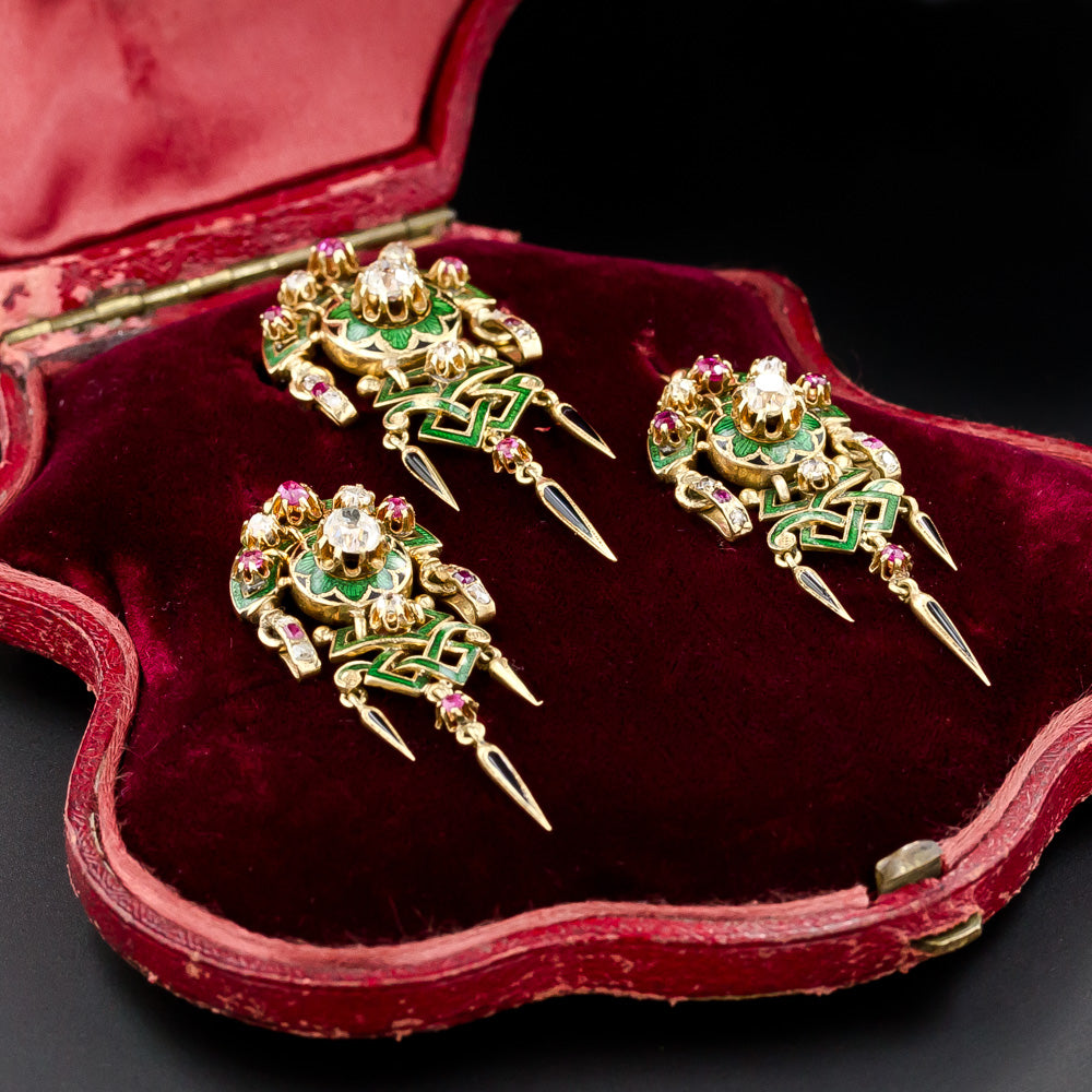 Renaissance Revival Antique French Diamond, Ruby and Enamel Dangle Earrings and Brooch Set  Circa 1880's - 10