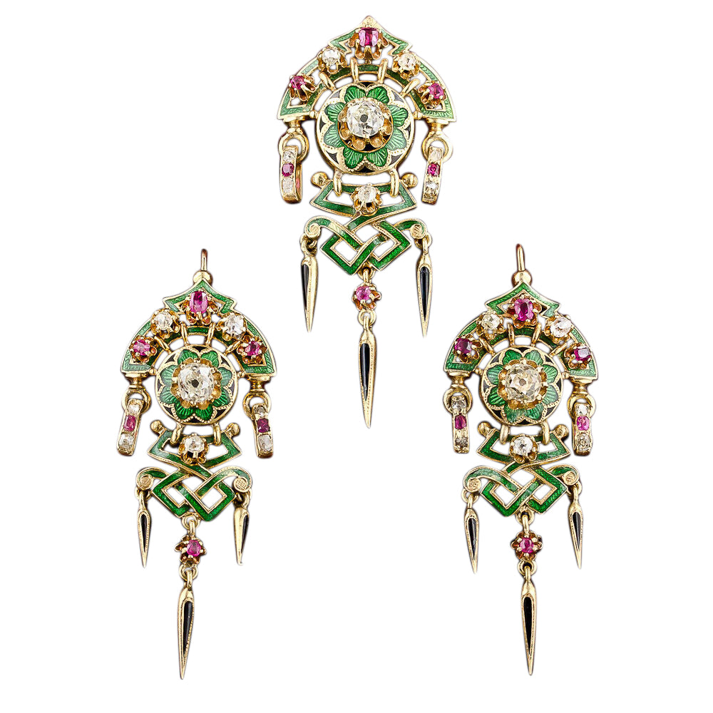 Renaissance Revival Antique French Diamond, Ruby and Enamel Dangle Earrings and Brooch Set  Circa 1880's - 4
