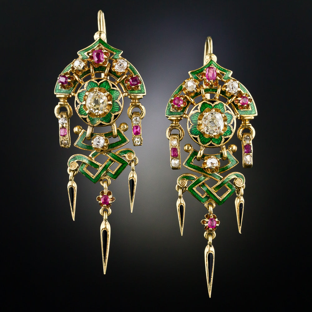 Renaissance Revival Antique French Diamond, Ruby and Enamel Dangle Earrings and Brooch Set  Circa 1880's - 12