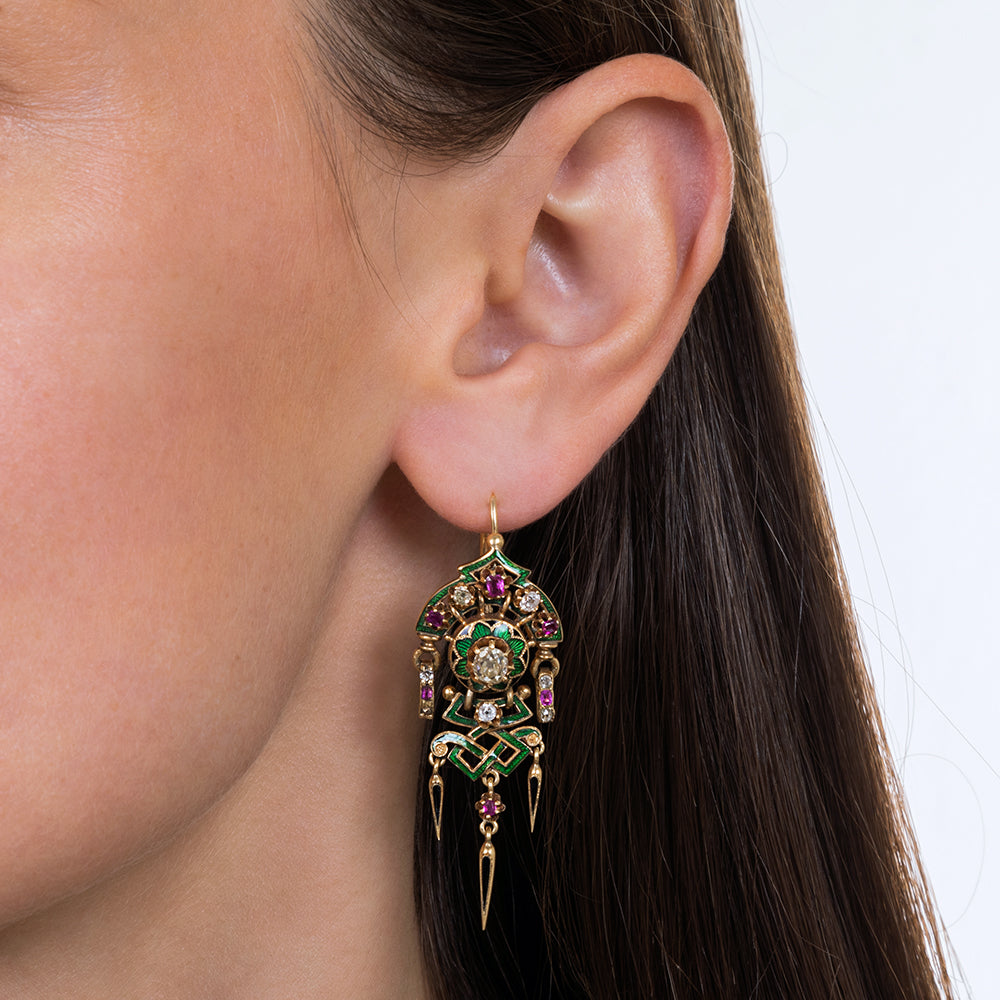 Renaissance Revival Antique French Diamond, Ruby and Enamel Dangle Earrings and Brooch Set  Circa 1880's - 6