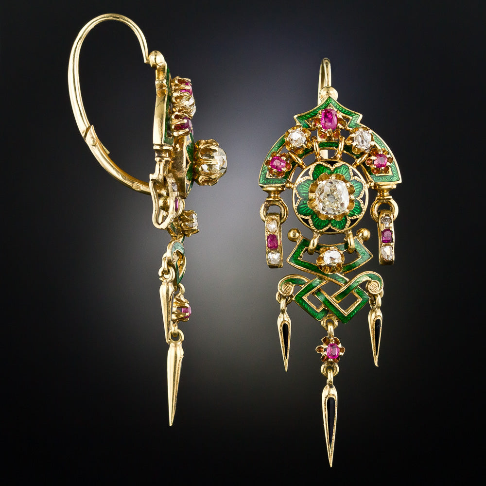 Renaissance Revival Antique French Diamond, Ruby and Enamel Dangle Earrings and Brooch Set  Circa 1880's - 13