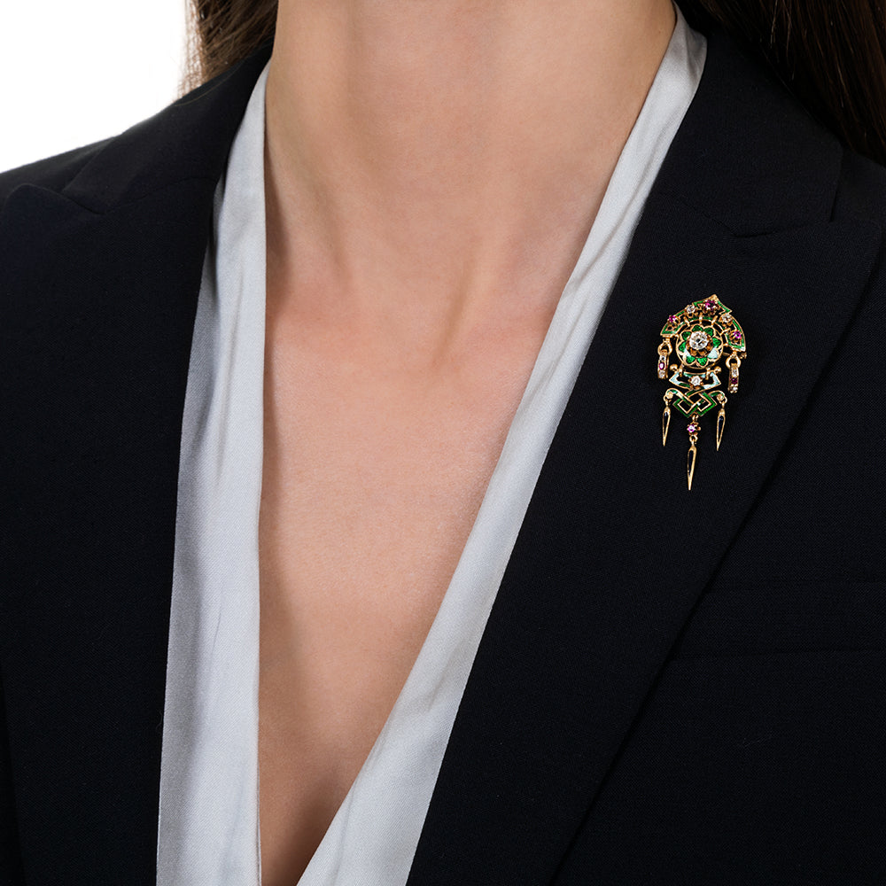 Renaissance Revival Antique French Diamond, Ruby and Enamel Dangle Earrings and Brooch Set  Circa 1880's - 8