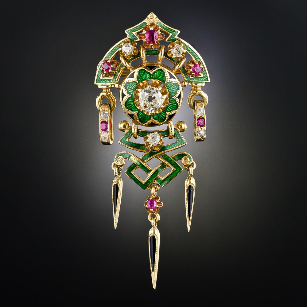 Renaissance Revival Antique French Diamond, Ruby and Enamel Dangle Earrings and Brooch Set  Circa 1880's - 15