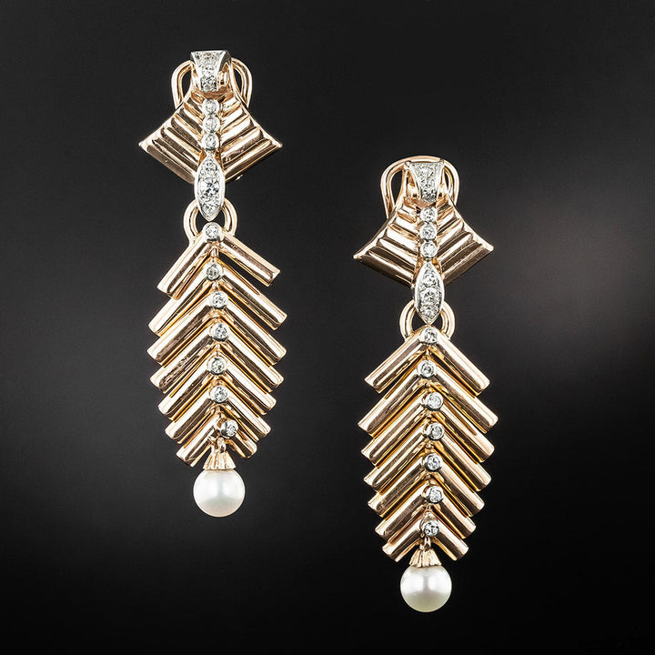 Retro 18K Diamond and Pearl Feather Earrings