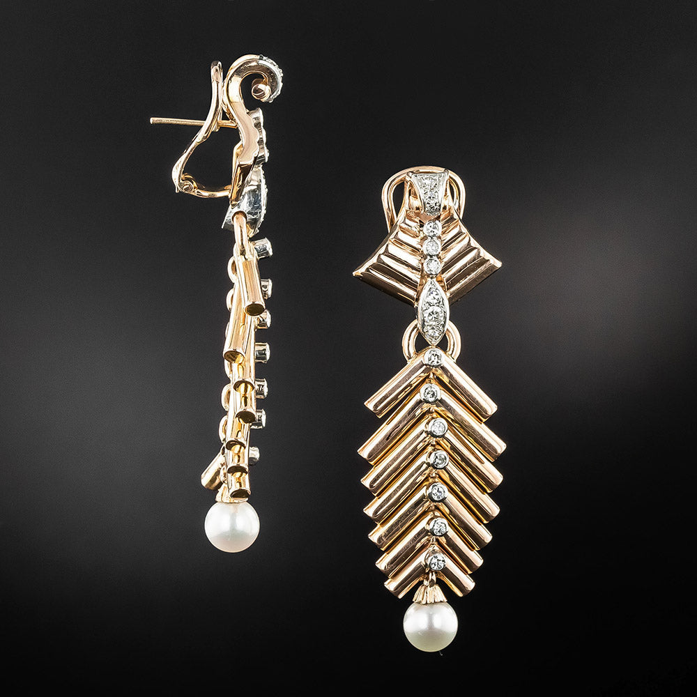 Retro 18K Diamond and Pearl Feather Earrings - 3