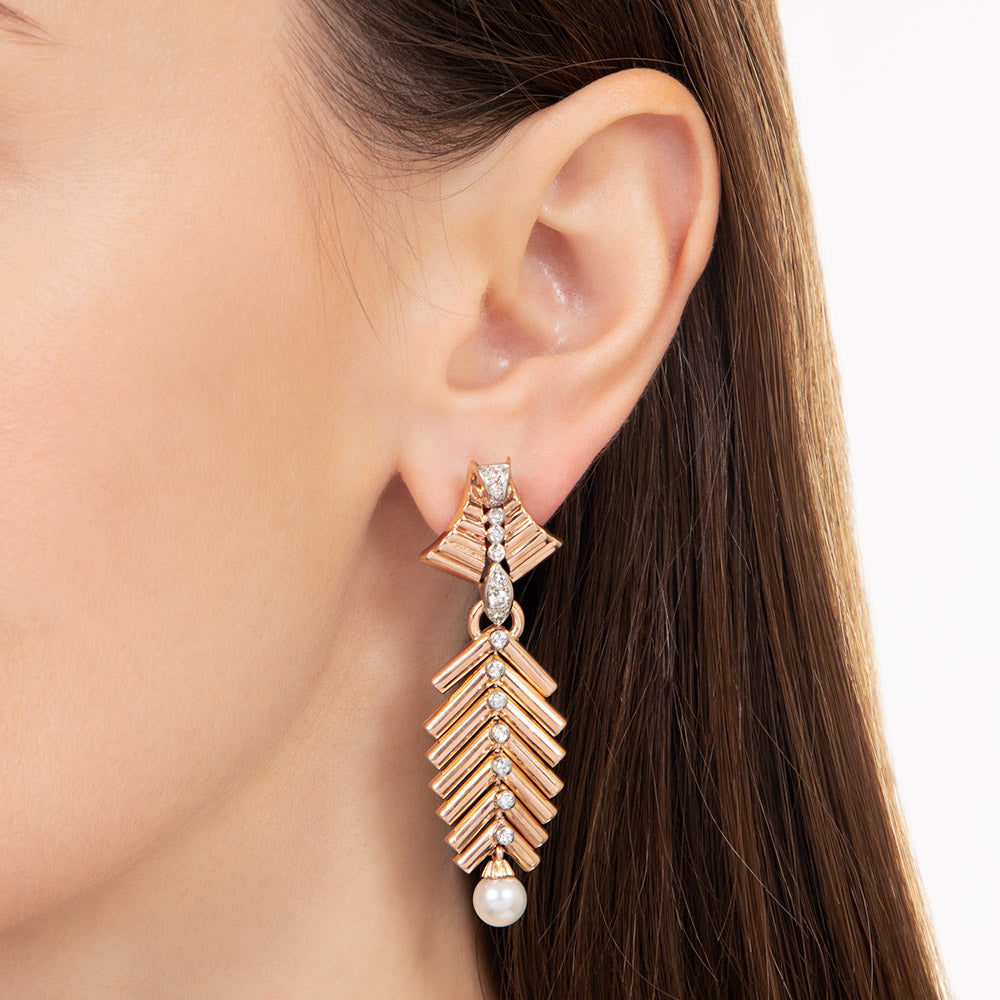 Retro 18K Diamond and Pearl Feather Earrings - 4