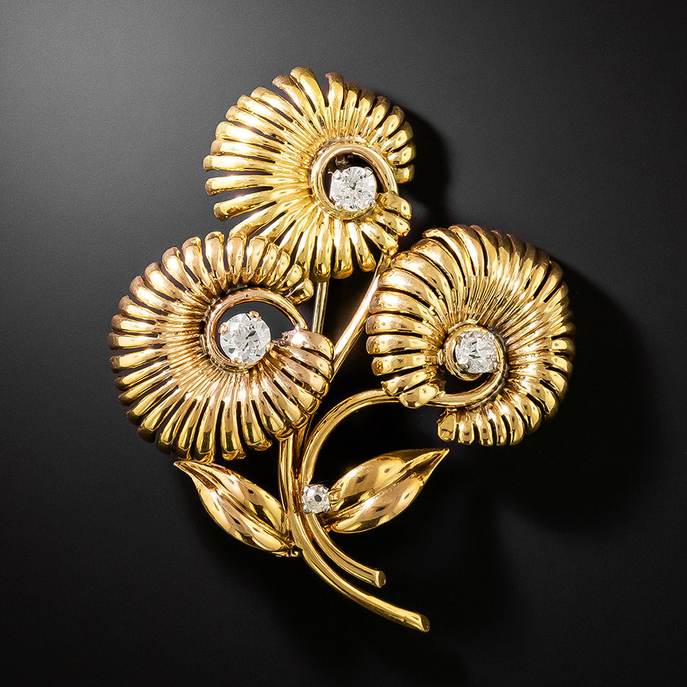 Retro 18K Diamond Flower Brooch - 1