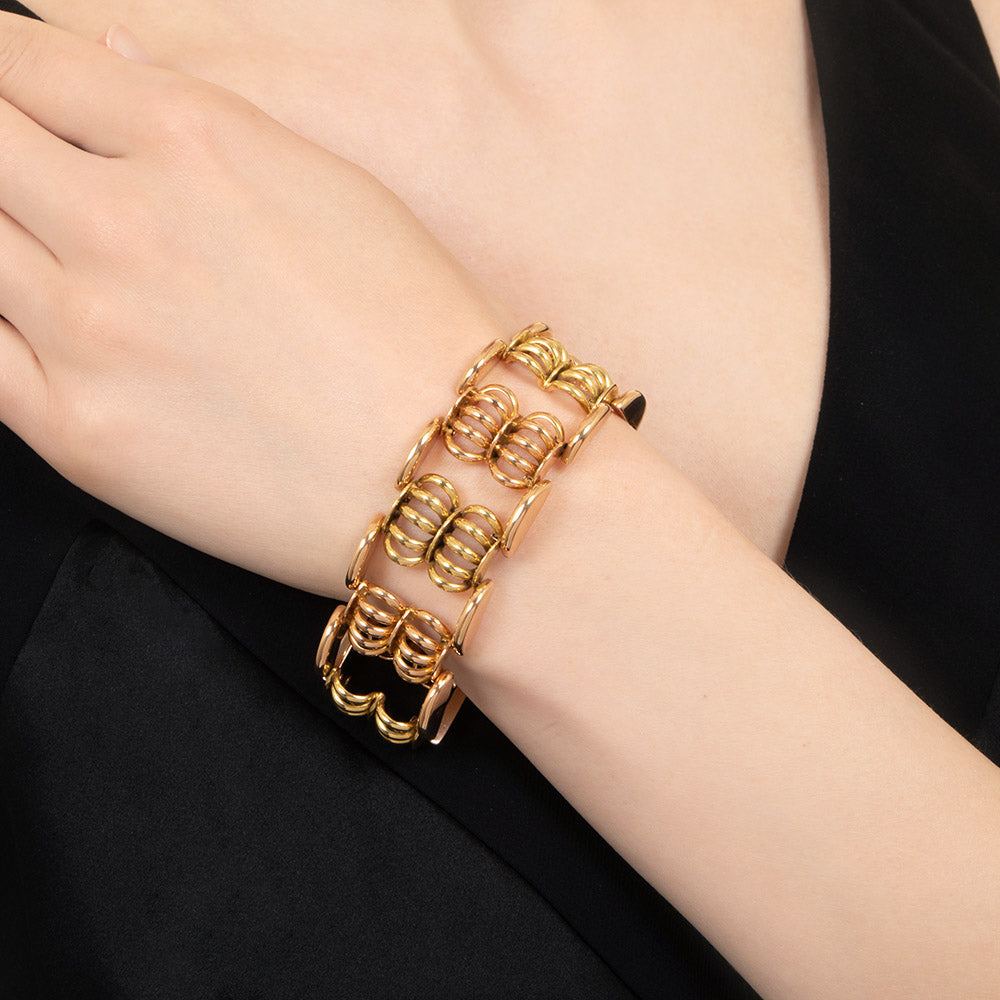 Retro 18K Two-Tone Gold Scallop Link Bracelet - 7
