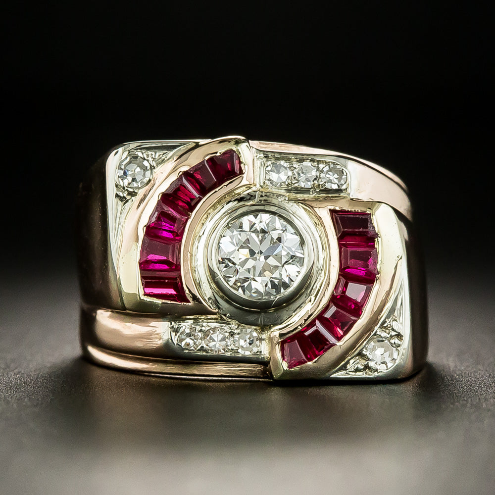Retro Diamond and Synthetic Ruby Ring - 7