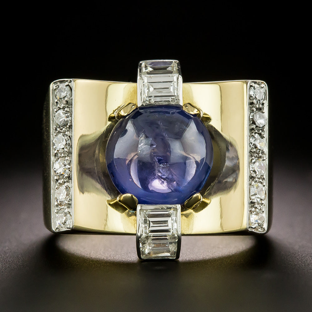 Retro 6.00 Carat No-Heat Cabochon Sapphire and Diamond Ring - 5