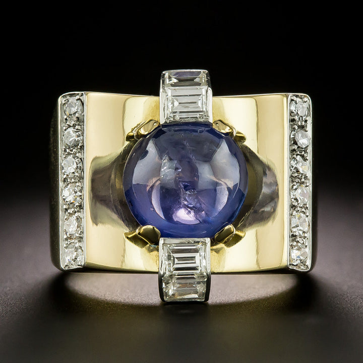 Retro 6.00 Carat No-Heat Cabochon Sapphire and Diamond Ring