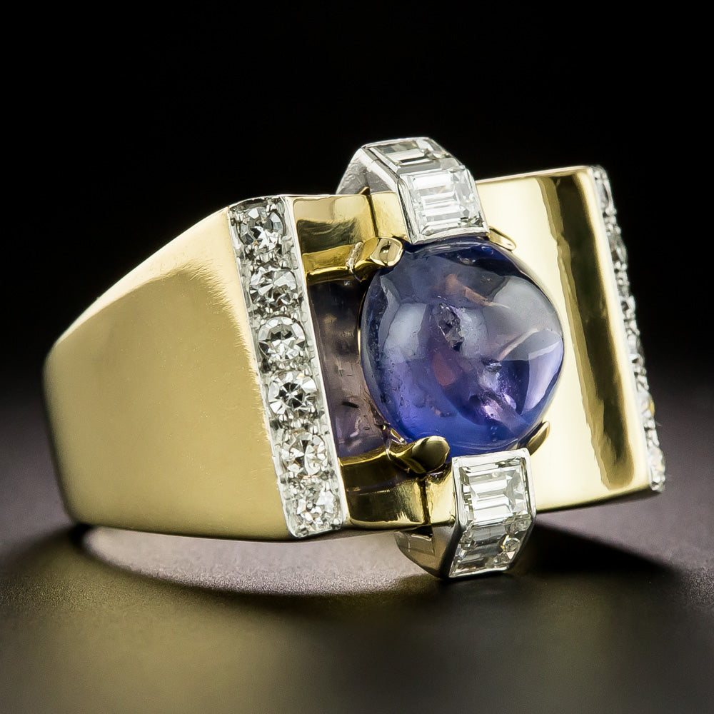 Retro 6.00 Carat No-Heat Cabochon Sapphire and Diamond Ring - 6