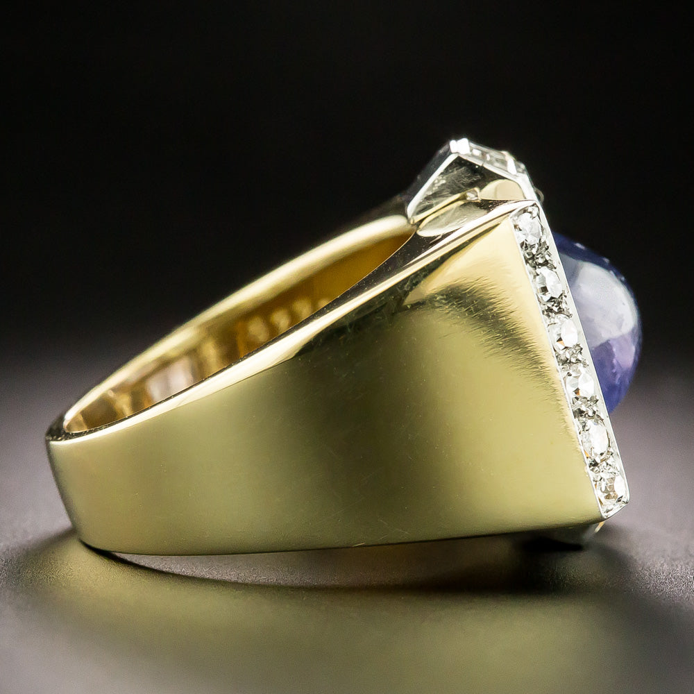Retro 6.00 Carat No-Heat Cabochon Sapphire and Diamond Ring - 7