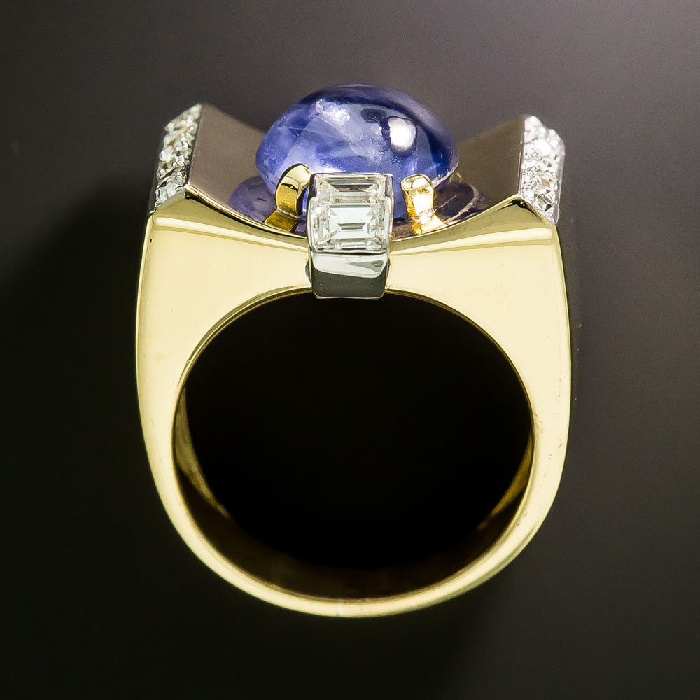 Retro 6.00 Carat No-Heat Cabochon Sapphire and Diamond Ring - 8