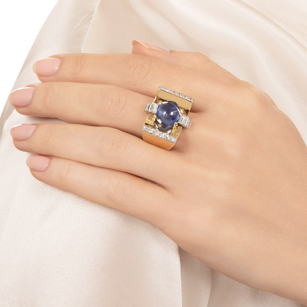 Retro 6.00 Carat No-Heat Cabochon Sapphire and Diamond Ring - 9