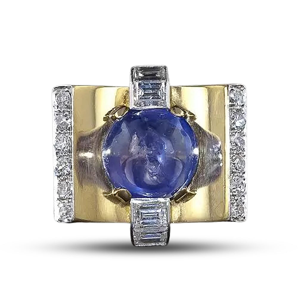 Retro 6.00 Carat No-Heat Cabochon Sapphire and Diamond Ring - 10