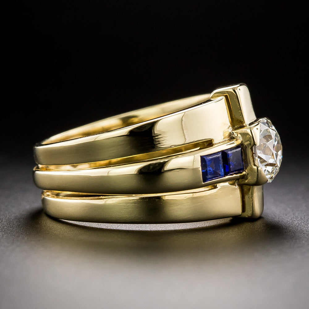 Retro .77 Carat Diamond And Sapphire Band Ring - 3