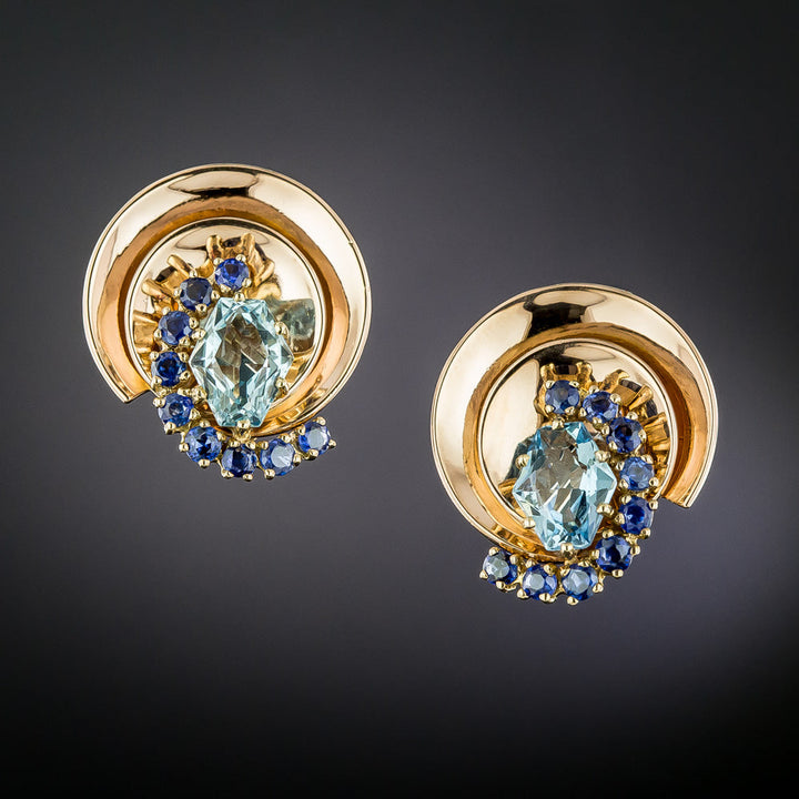 Retro Aquamarine and Sapphire Earrings
