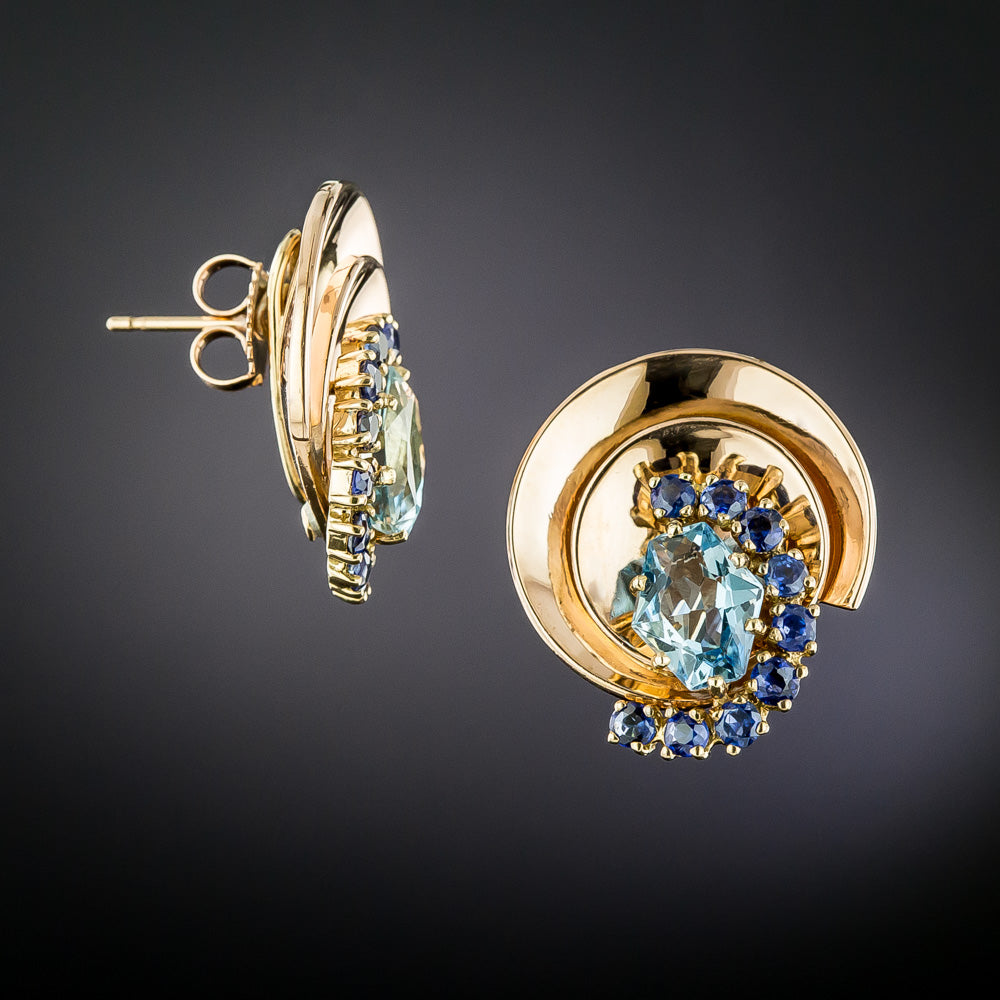 Retro Aquamarine and Sapphire Earrings  - 2