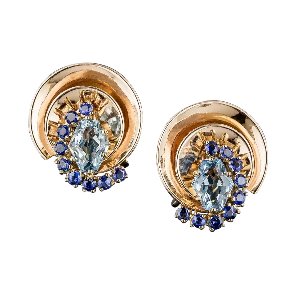 Retro Aquamarine and Sapphire Earrings  - 3