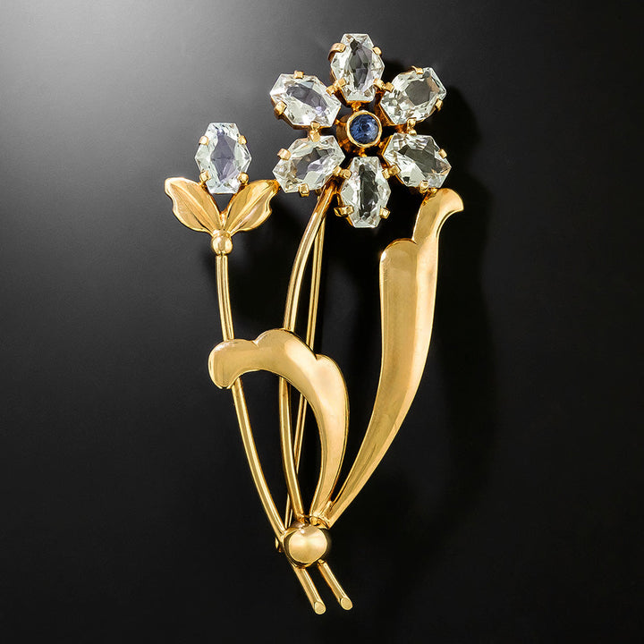 Retro Aquamarine and Sapphire Flower Brooch by Allsopp-Bliss
